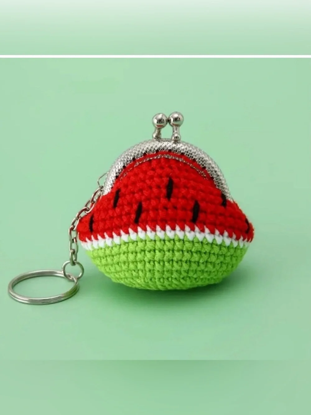 Adorable Handmade watermelon crocheted Change Purse w/keychain/ bag charm